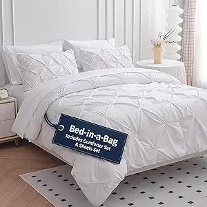 LANE LINEN King Comforter Set – 7 Piece Pintuck Bed in a Bag - Down Alternative Bedding with Comforter, Sheets, Pillowcases & Shams - Ultra Soft, Hotel Quality Cloud Like Comfort Everyday Use – Ivory