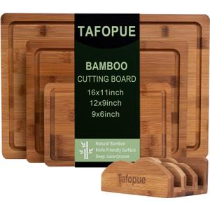 Cutting Board Set with Holder, Space Saving Kitchen Bamboo Chopping Boards, Build in Juice Groove and Grip Handle, Durable Wooden Serving Board for Meal Prep & Charcuterie, Gift Idea