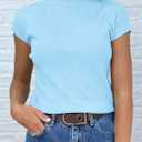 Saodimallsu Womens Short Sleeve Sweater Mock Neck Summer Casual Basic Knit Slim Fitted Pullover Tops Shirt (Blue)