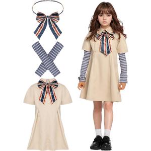 Creepy Doll Costume for Girls with Detachable Sleeves & Bow Tie, Halloween Cosplay Dress + 3-Piece Accessory Set, School Party (L)