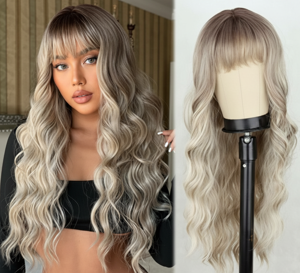 LINGHANG Dirty Blonde Wigs with Bangs Long Wavy Wigs for Women Long Blonde Wigs with Dark Root Wig Heat Resistant Synthetic Wig for Party Daily Use