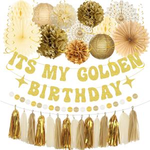 Roetyce Golden Birthday Party Decorations, Gold Glitter It's My Golden Birthday Banner Photo Background Backdrop for Women Men, Funny Bday Party Supplies Girls Boys