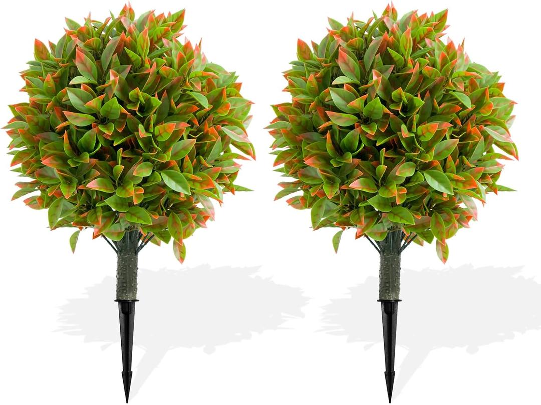 23.6'' Artificial Fall Topiary Ball Trees Set of 2 with Ground Spike,UV Resistant Fake Bushes Artificial Plants, Faux Greenery Plants for Outdoor Front Porch Garden Home Decor