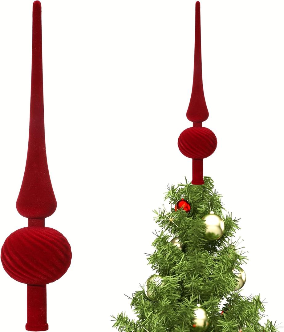 Sumind 11 Inch Red Velvet Finial Christmas Tree Topper Vintage Spherical Tree Topper Velvet Finial Mid Century Christmas Ornament for Home Xmas Holiday Party Decorations