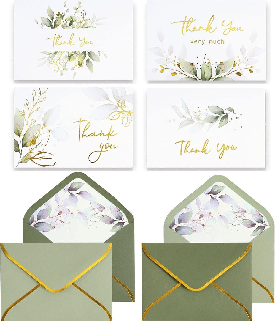 Winoo Design 100 PK Luxurious Gold Thank You Cards with Envelopes Bulk Sage Green - 5x3.5 Inches Wedding Thank You Notes Baby Shower Greenery Bridal Shower Small Business