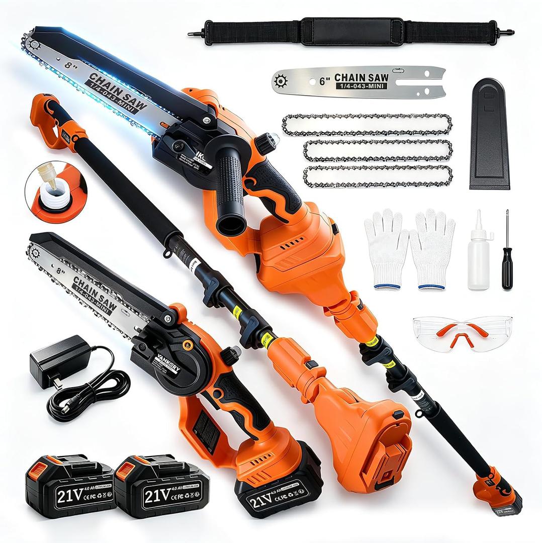 VANKERY Electric Pole Saws for Tree Trimming, 8-Inch Cordless Pole Saw15FT Extendable Reach, Auto-Lubrication System, Dual 4.0ah Batteries, Tool-Free Chain Tensioning, 6"&8" Mini Chainsaw missing pieces