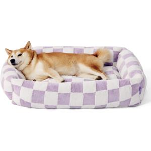 Lesure Cute Dog Bed for Large Dogs - Washable Pet Beds,Cozy Rectangle Orthopedic Sofa with Jacquard Shaggy Plush & Anti Slip Bottom,36x27x8inches (Lavender Checks)
