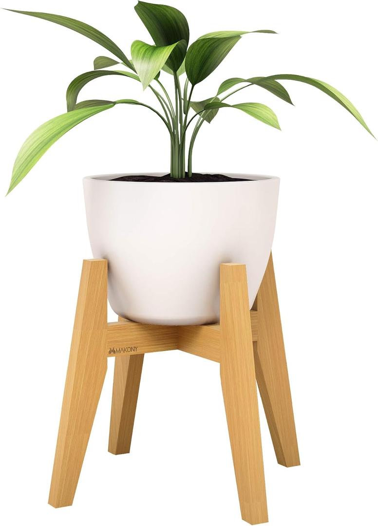 Mid Century 10” Bamboo Wood Plant Stand, Indoor Wooden Flower Pot Holder Stands- Modern Plants Display Rack/Pedestal, Fits 10 Inch Planter Pots and Cone Pots, Up to 175lbs- Rustic Retro Décor