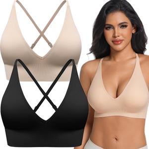 PRETTYWELL Womens Deep V Neck Bras for Women Push up Bralettes Seamless Sexy Sports Bra Wireless Spaghetti Strap Padded Bra (Medium, Black&nude)