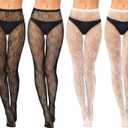 Jiuguva 4 Pack Women Lace Tights White Black Fishnet Stockings Floral Mesh Pantyhose Stockings Leggings Bow Patterned Tights for Women Halloween