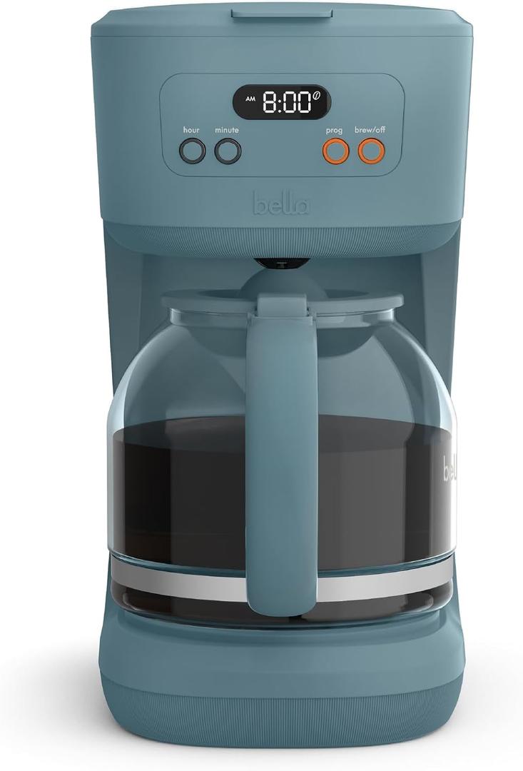BELLA 12 Cup Programmable Coffee Maker, Reusable Dishwasher Safe Accessories, Easy LCD display, Auto Shutoff, 900 watt, Surf