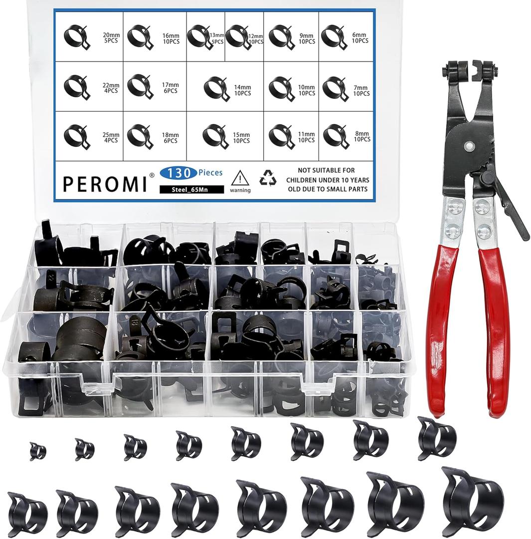 130Pcs 6-25mm Spring Band Hose Clamps With Swivel Flat Hose Clamp Plier Assortment Kit, Constant Tension Steel Clamps for Fuel Lines, Silicone, Vacuum Hoses & Low-Pressure Air Clips