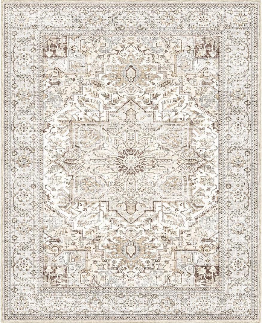 Machine Washable Rug 8'x10', Vintage Design Washable Area Rugs with Non Slip for Living Room Bedroom Traditional Woven Rug Carpet Stain Resistant,Home Decor Office Boho Rug(Cream 8x10) (8' x 10' (Rectangular))