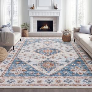 8x10 Area Rugs - Washable, Non-Slip Backing, Super Soft Thin Large Rug for Living Room, Nursery, Dining Room, Office - Vintage Neutral ( Blue/Beige , 8'x10') 