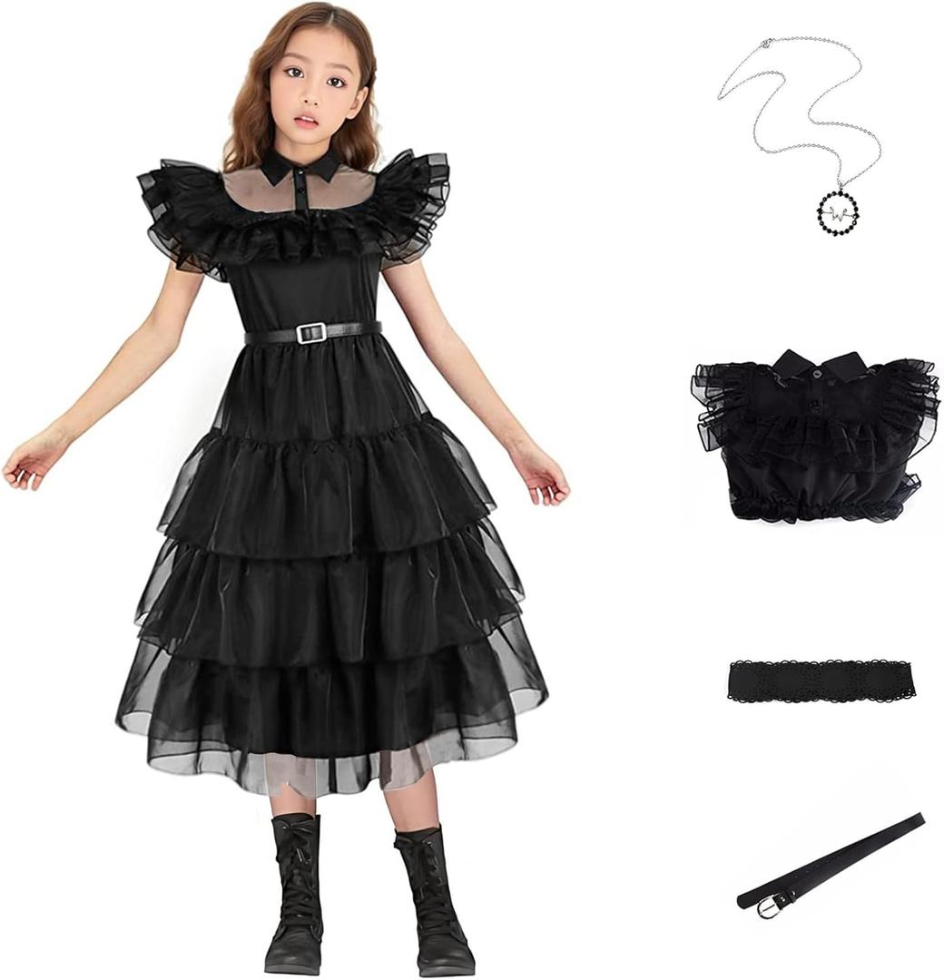Women Vintage Goth Black Dress Costume Gothic Cosplay Girl Dance Tulle Lace Skirt Halloween Party Outfit with Necklace (150)