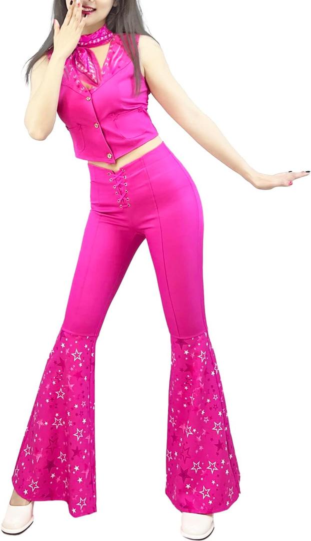Naywig Cowgirl Outfit 70s 80s Hippie Disco Costume Pink Flare Pant Halloween Cosplay For Women Girls (Girl-140(Height:51-55Inch))