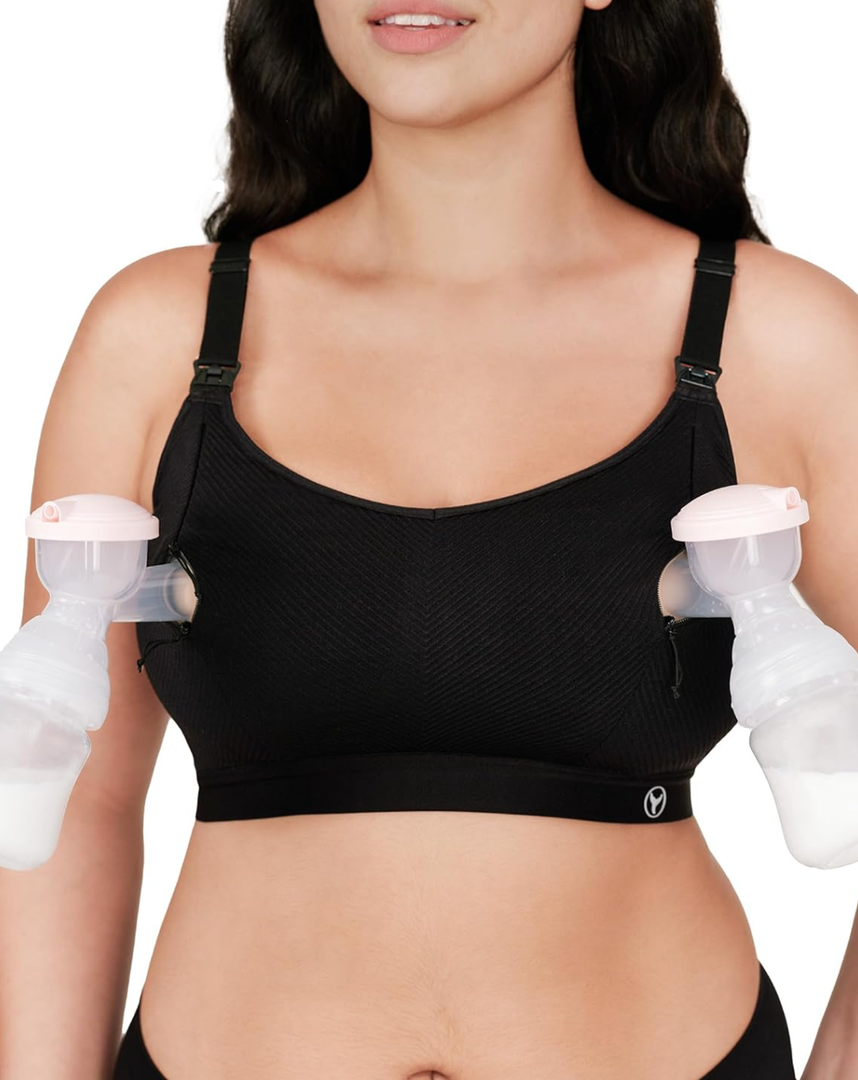 Pumping Bra Hands Free Zip Opening Design Seamless Nursing Bras for Breastfeeding High Support Nursing & Pumping Bra in One Black M