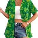 St Patricks Day Shirt Women St Paddy T Shirt Lucky Shamrock Graphic Tees Hawaiian Button Down Blouse Tops (Green, L)