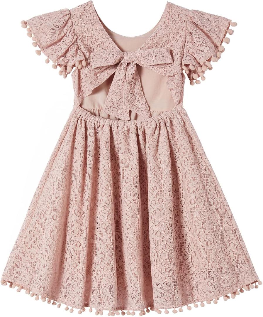 Niyage Backless Toddler Dress Open Back Girls Lace Bow Tie-Back Pom Pom Flutter Sleeves Party Princess Dresses (3T), Dusty Pink 