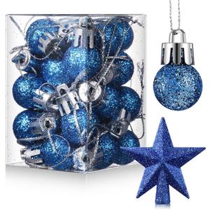 25 Pcs Mini Christmas Ornaments Set 0.79 Inch Glitter Christmas Ball Tree Topper Star Hanging Ornaments for Party Decoration(Blue)