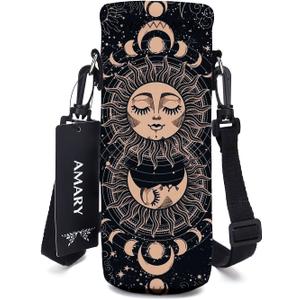 750ML Neoprene Water Bottle Carrier Bag with Adjustable Shoulder Strap,Insulated Water Bottle Cover for Stainless Steel/Glass/Plastic Bottles 24OZ (Sun Moon)