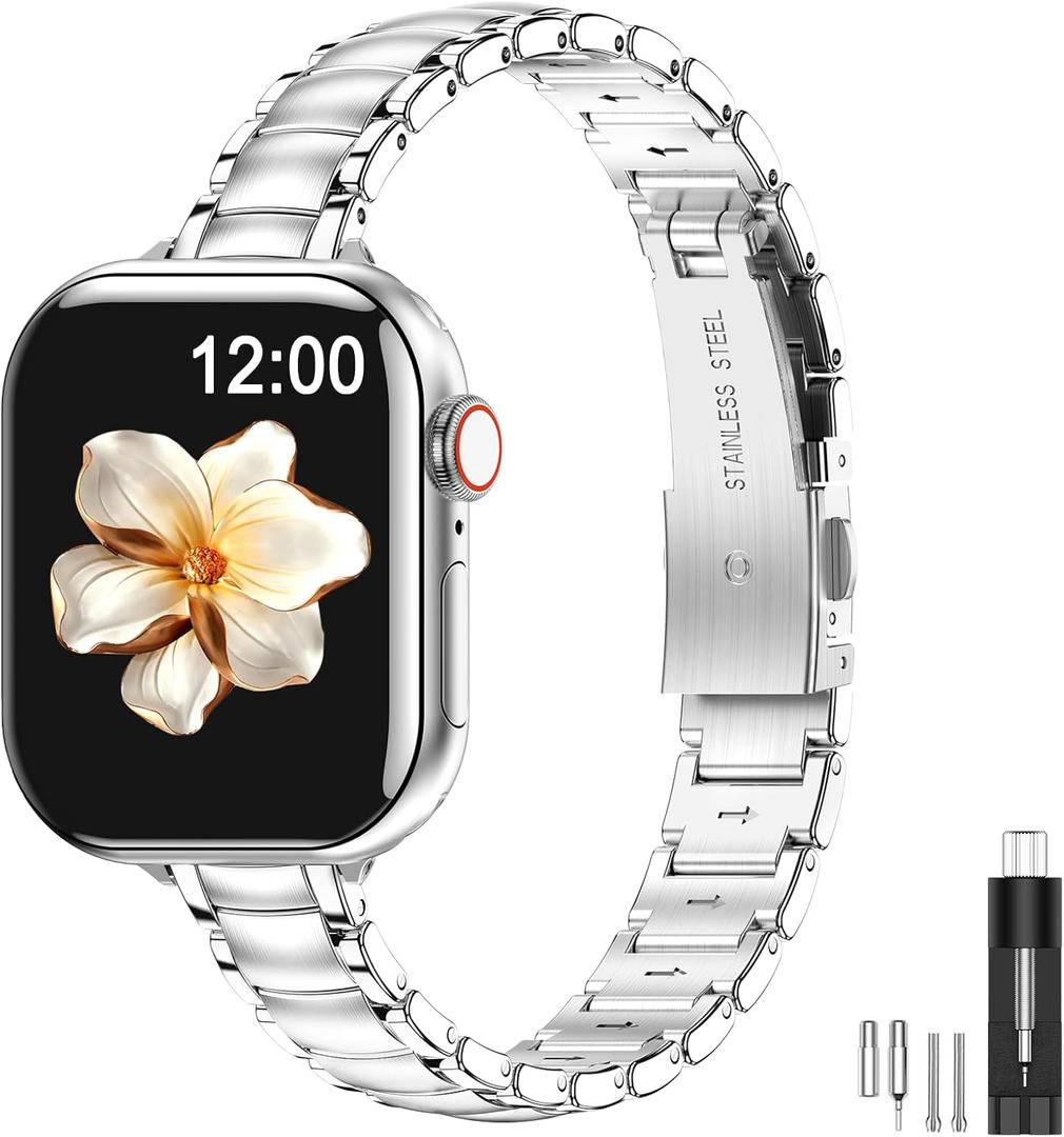MioHHR Thin Metal Bands Compatible with Apple Watch Band Ultra 2 1 Series 10 9 8 7 6 5 4 SE 3 2 1,Slim Narrow Stainless Steel Strap for Women iWatch Bands 49mm 46mm 45mm 44mm 42mm 41mm 40mm 38mm (Silver)