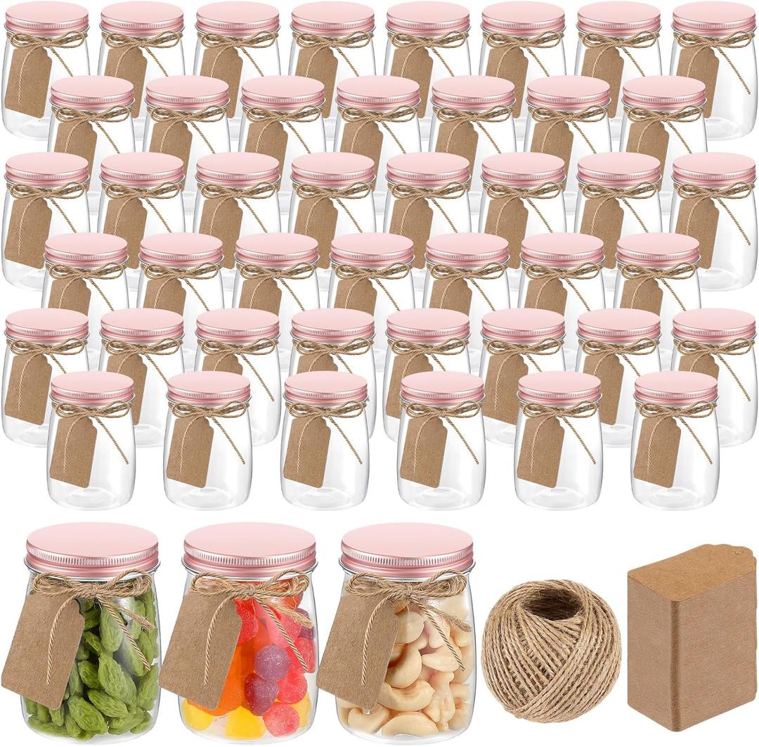 Nitial 50 Pack 5 oz Plastic Jars with Lids Bulk Yogurt Containers with Lids Gift Jars with DIY Craft Twine and Labels Gifts for Birthday Wedding Halloween Christmas Party Favor(Rose Gold,Aluminum Lid) (Rose Gold)