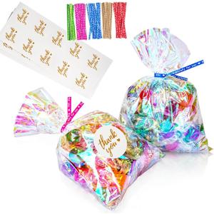 Cellophane Treat Bags, 5x7 Inch Iridescent Cellophane Bags with Thank You Stickers and Twist Ties, Celebrations Baby Showers Weddings Birthday Party Gift Wrapping(Pack of 100)