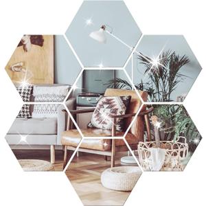 DIY Wall Decals Acrylic Mirror Sticker Set 12 Pcs, Hexagon Mirror Wall Stickers for Living Room Bedroom Decor (Silver), 20*17*10cm