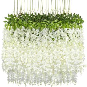 Pauwer Wisteria Hanging Flowers 24 Pack Fake Flower Garland Artificial Wisteria Vines Rattan Silk Flower String Wedding Party Wall Decorations,White