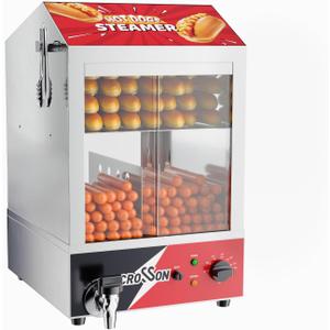 CROSSON 42L Hot Dog Steamer, 2-Tier Hot Dog Hut Steamer, Electric Bun Warmer with 86℉~185℉ Temperature Control，Tempered Glass Slide Doors Partition Plate Tong, Stainless Steel, for Hot Dogs & Buns