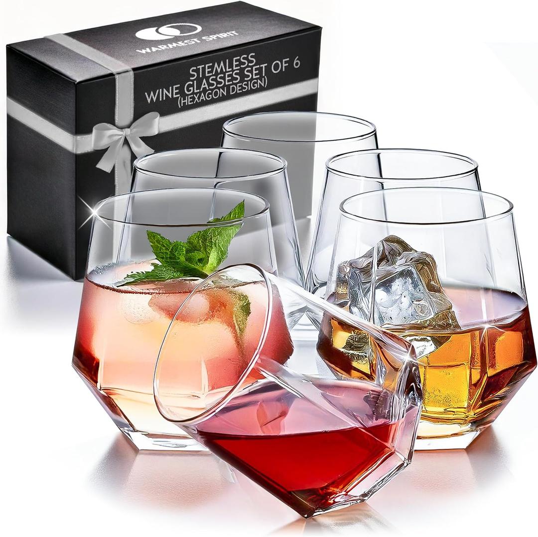Hexagon Stemless Wine Glasses Set of 6 Elegant 10.5 oz, Durable, Dishwasher Safe, Spill-Proof Design, Perfect for Wine, Cocktails, Whiskey, Everyday Use, Dinner Parties, and Entertaining, Giftable