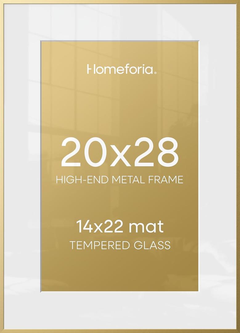 Homeforia 20x28 Picture Frame Gold, High End Metal 20 x 28 Poster Frames with Mat 14 by 22 Photo, 20x28 Gold Frame Matted to 14x22 Print, 28x20 Large Hanging Frames, Tempered Glass, Wall Kit, Set of 1