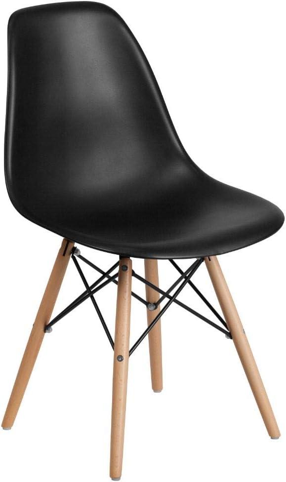 Flash Furniture Elon Series Plastic Modern Dining Chair with Wooden Legs, Mid-Century Side Chair for Dining Rooms and Offices, Black (Set of 1)