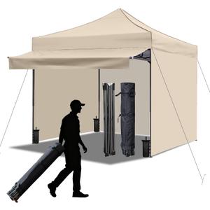 10x10 Durable Pop Up Canopy Tent with Sidewalls, Waterproof Attachable Tent Wall, Privacy Shade for Outdoor Events, Camping, Farmers Market (Khaki with Awning)