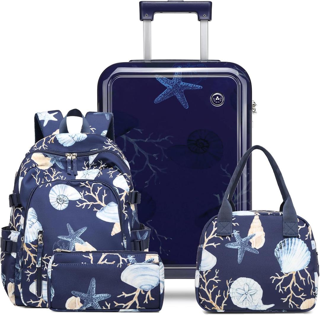 Somago 4 Piece Kid's Luggage with Backpack Set for Boys Girls Spinner 18" Hardside PC Rolling Carry on Suitcase with TSA Lock (Seashell Navy)