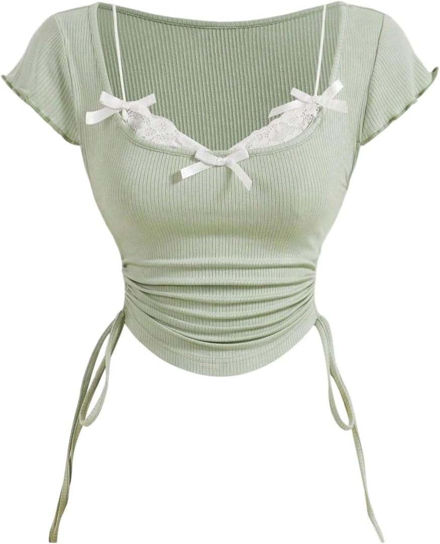 WDIRARA Women's Plus Size Bow Lace Trim Crop Tops 2 in 1 Asymmetrical Drawstring Ruched T Shirts (XL)