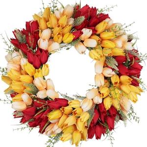 Vlorart Tulip Wreath for Front Door, 23 Inch Artificial Spring Summer Wreaths for Outside All Season with Green Leaves and Red Flowers, Door Wreath for Farmhouse and Wedding Party Outdoor Decor