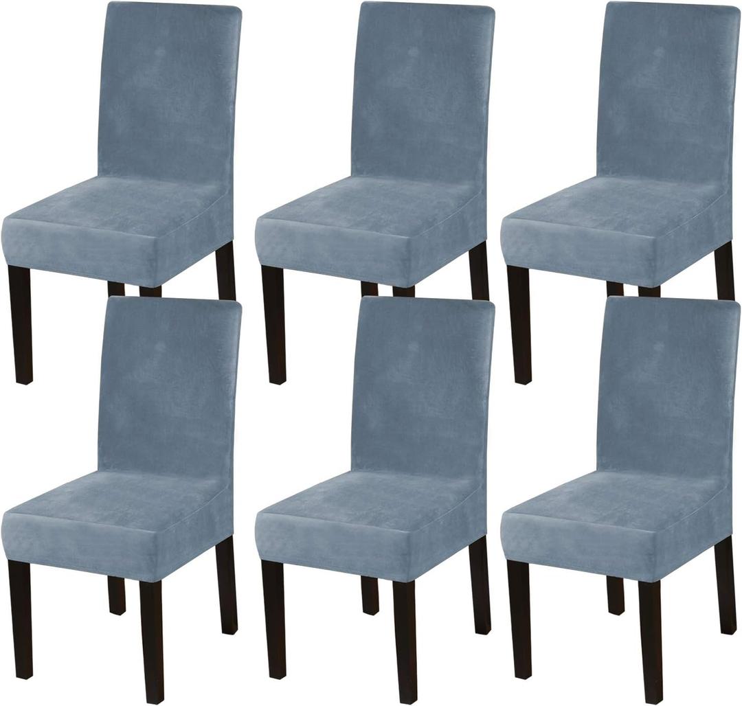 Turquoize Chair Covers for Dining Room, Stretch Velvet Dining Chair Slipcovers Blue Dining Chair Covers Set of 6 Removable Washable Chair Protector for Kitchen, Hotel, Restaurant (6, Stone Blue)