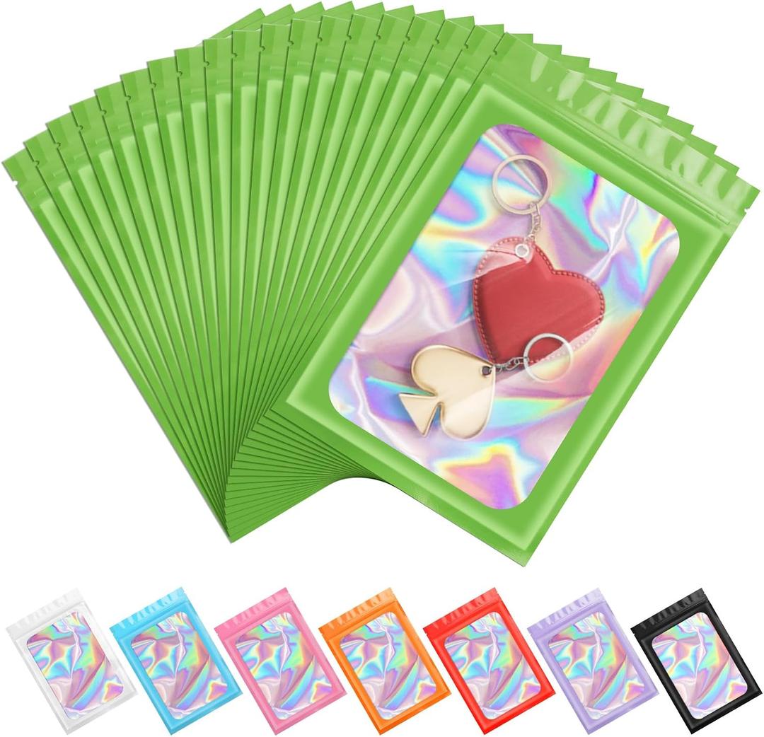 100 Pieces Smell Proof Mylar Resealable Bags, Holographic Packaging Bags Odor Foil Pouch Zip Bags with Clear Window for Food Storage Easter Candy Lipgloss, Jewelry Lash (Green, 4.3 x 7.5 Inch)