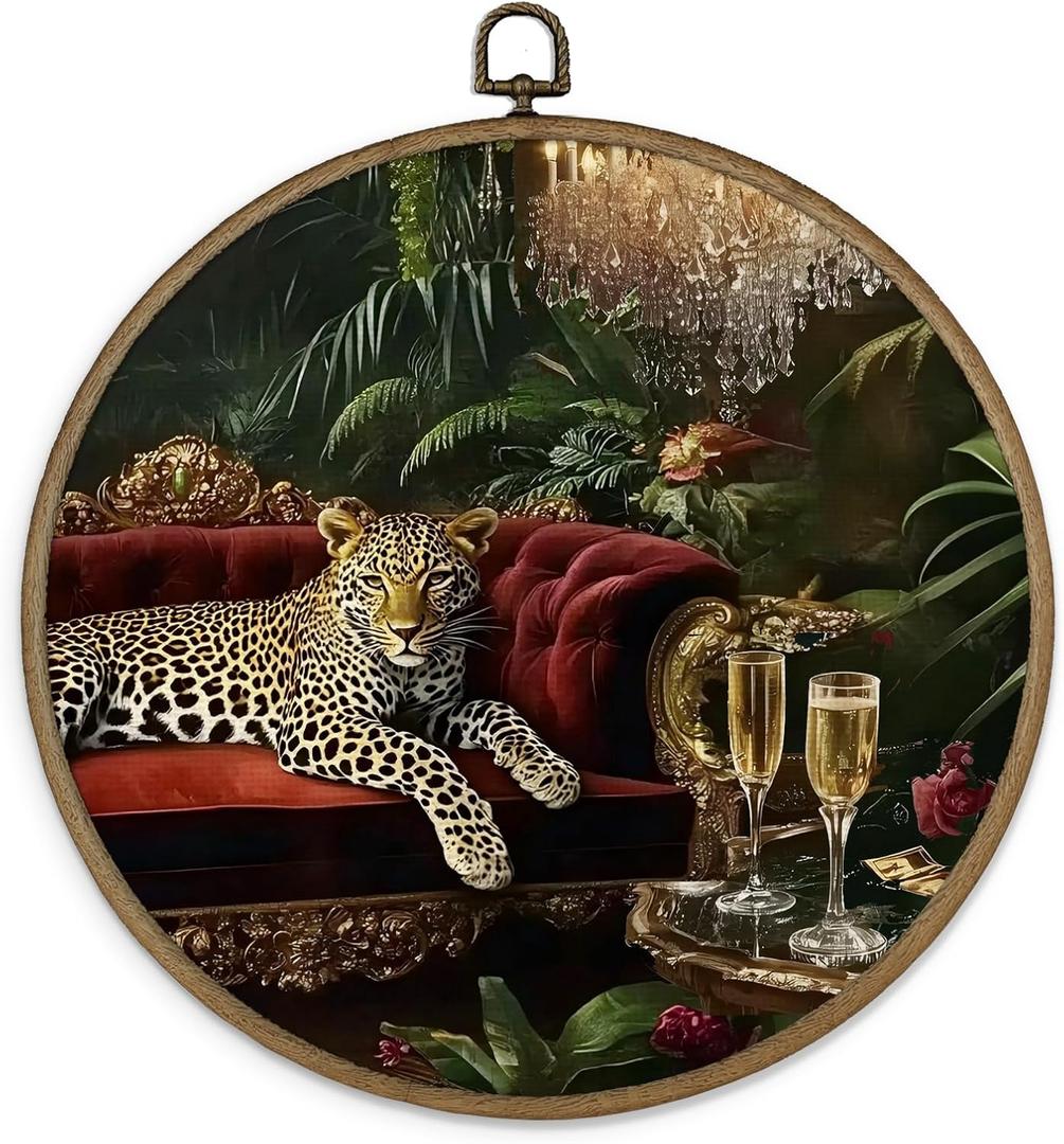 MAQIKA Vintage Leopard Framed Wall Art Decor, Maximalist Luxury Leopard Round Wall Hanging Decor, Moody Cheetah Wild Animal Canvas Prints Wall Art for Home Bedroom Living Room Gallery, 10x10 Inch