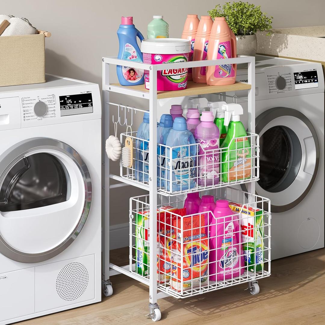 3 Tier Laundry Room Cart with Pull-Out Baskets, Utility Cart Rolling Storage Cart with Wheels Bathroom Organizers Storage Shelf with Wood Top Laundry Room Organization and Storage, White