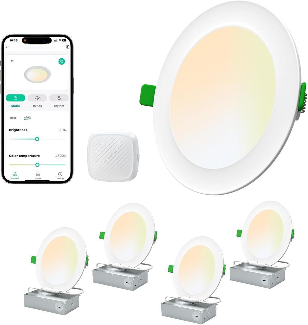 LEPOWER-TEC Recessed LED Can Lights 6 Inch, Smart Wi-Fi Connect White LED Ceiling Light, Adjustable 2700K-6500K Downlight with Junction Box, APP & Voice Control, 1100 Lumens, 4 Pack