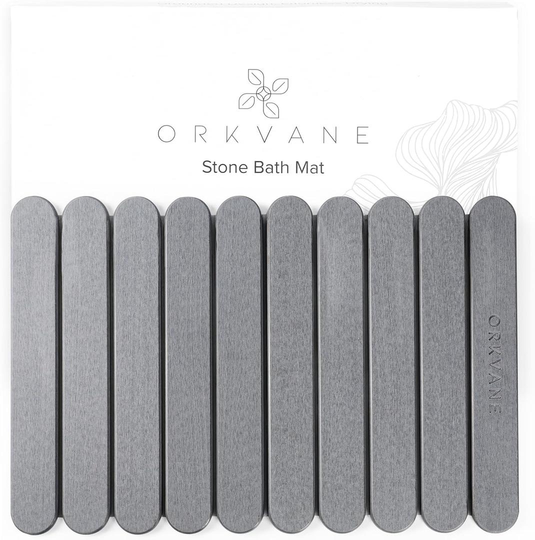 Large Stone Bath Mat (28" x 19")  Foldable Diatomaceous Earth Bath Mat for Bathroom  Quick Dry, Super Absorbent, Non-Slip, Easy to Clean  Spa-Inspired Design  Orkvane  Mineral Grey