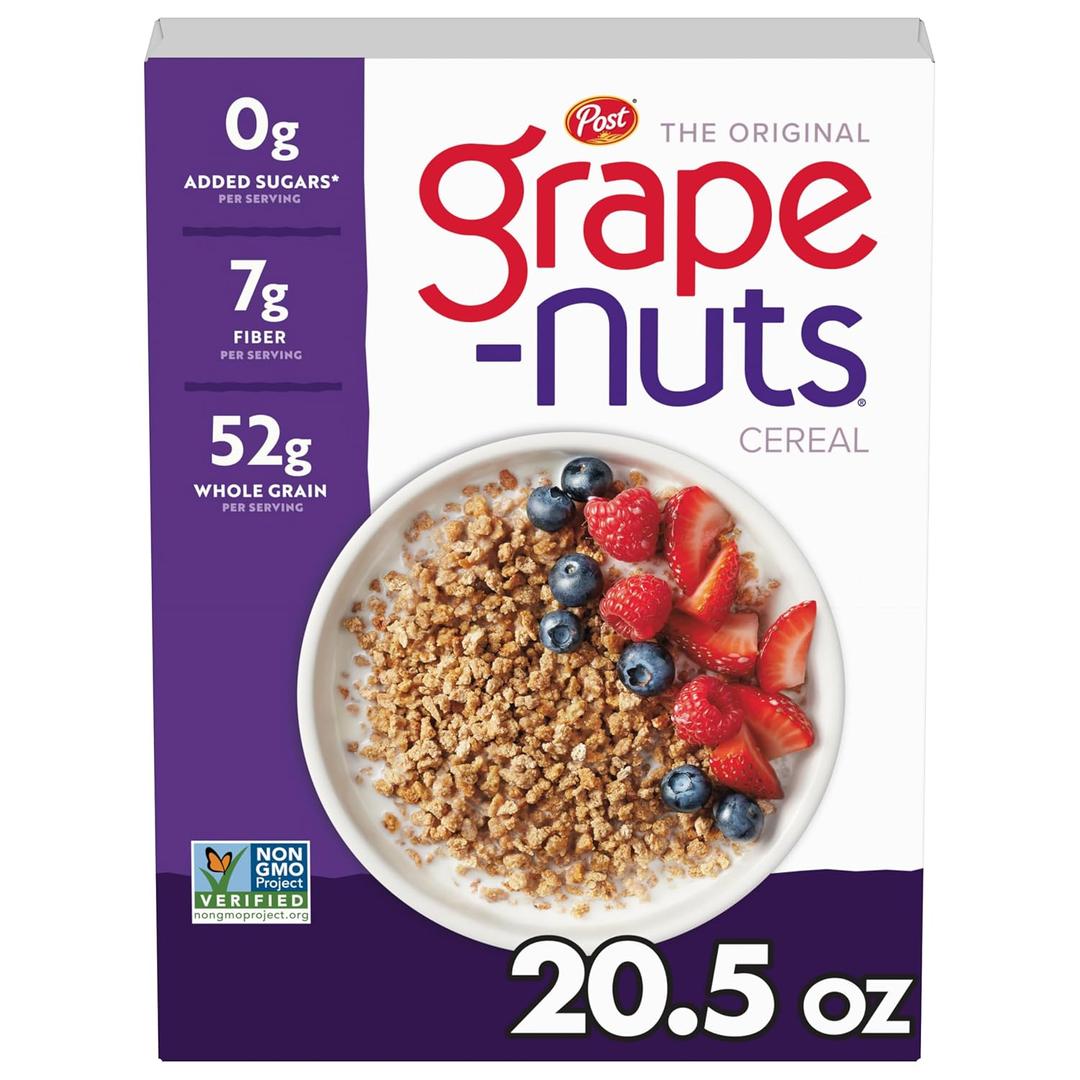 Grape-Nuts Original Cereal, Crunchy Whole Grain Wheat and Barley, Non-GMO, 20.5 oz Box (EXP 05/15/27)
