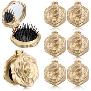 6 Pcs Rose Travel Brush for Women Mother's Day Mini Compact Purse Hair Brush with Mirror Wedding Bridal Bachelorette Favors Portable Pocket Mirror Folding Comb for Hairstyle(Champagne Gold)