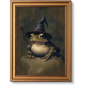 VIYYIEA Vintage Gold Framed Wall Art for Living Room, Wizard Frog Canvas Prints Home Decor, Halloween Gothic Painting Picture, Bedroom Wall Decor Gifts for Friends or Family -(16L x 12W)