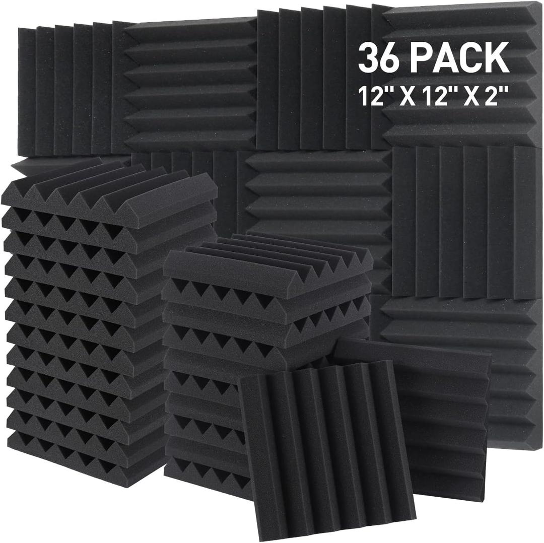 Sound Proof Foam Panels - 12 x 12 x 2 Inches 36 Pack Wedges Acoustic Foam Panels Sound Proofing Padding for Walls and Ceiling High Density Foam Studio Foam (Black) (12 x 12 x 2 Inches36 sq ft, Black - 36 Pack Wedge Panels)