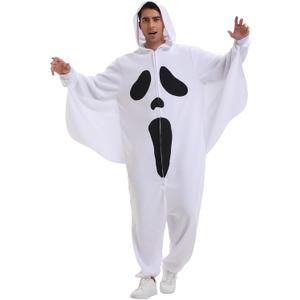 Halloween Mens Ghost Costume Adult Scary One Piece Jumpsuit Outfit Hooded Ghost Onesie Cosplay for Cosplay Party (Large)