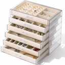 6 Drawer Clear Acrylic Jewelry Organizer with Velvet Lined Trays, Jewelry Box with Drawers for Earrings, Rings, Necklaces, Brooch, Bracelets, Watches, Stackable Storage Organizer for Women, Gift Ready